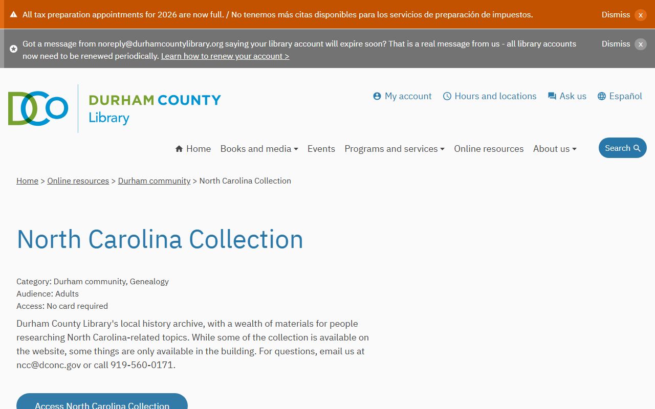 Durham County Library North Carolina Collection for death records research