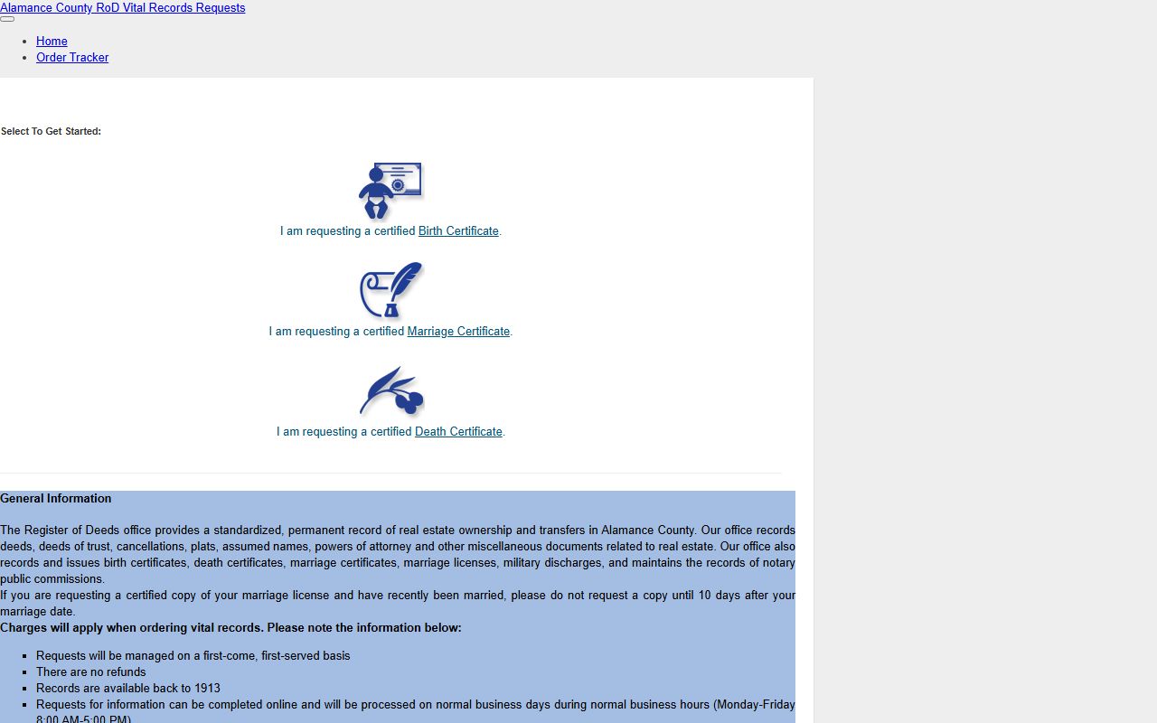 Alamance County online ordering portal for death records