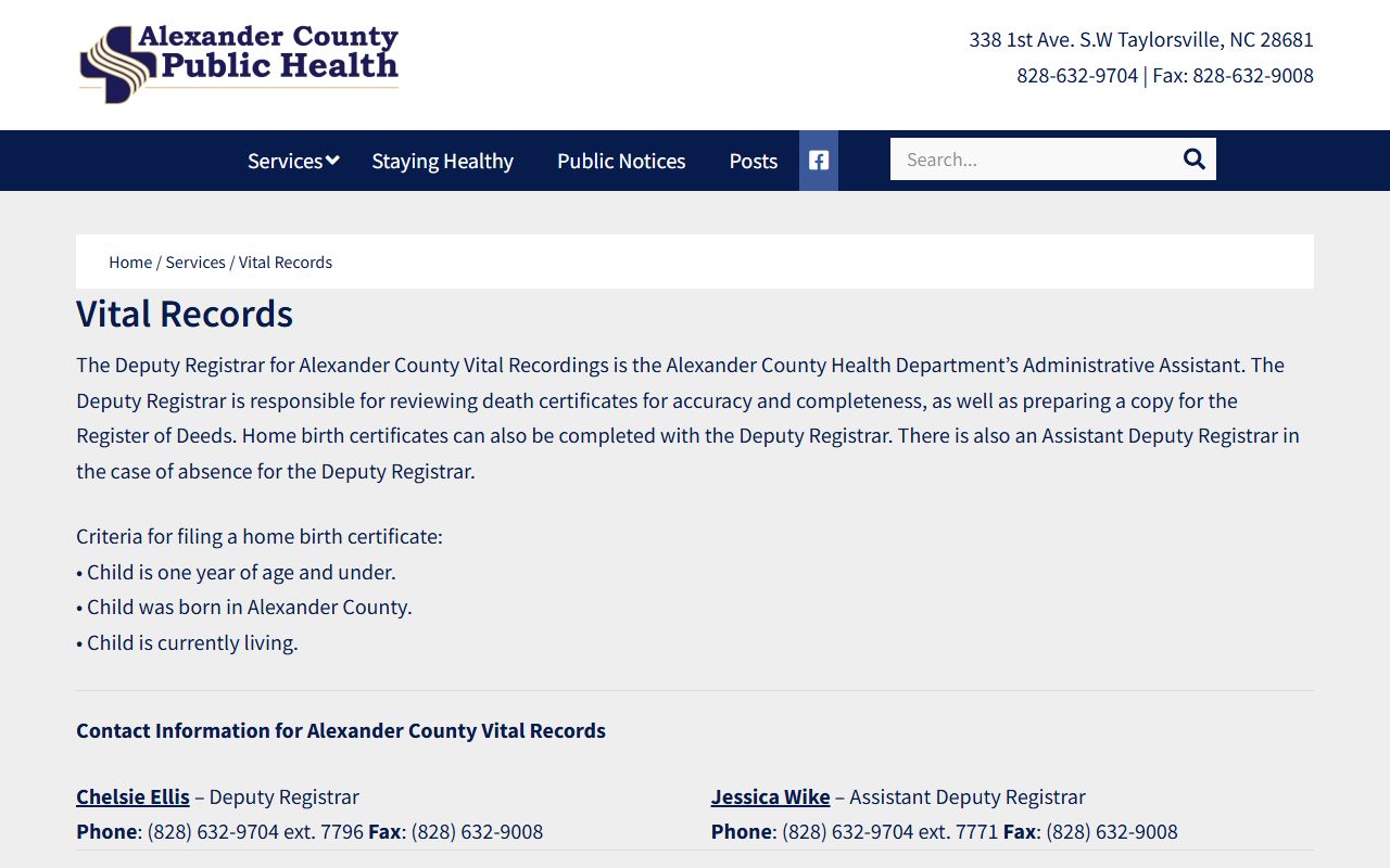 Alexander County Health Department vital records for death certificates