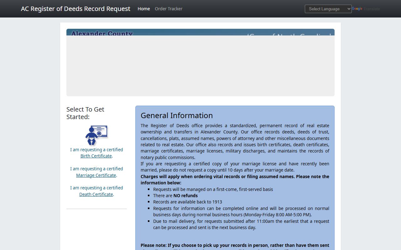 Alexander County online ordering system for death records