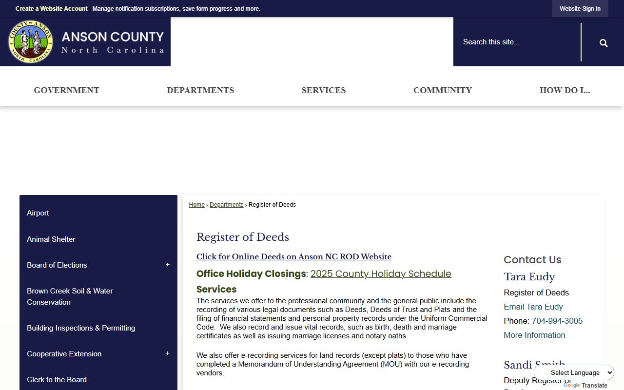 Anson County Register of Deeds office for death records