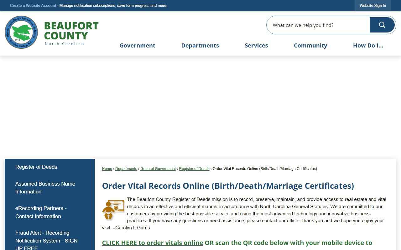 Beaufort County online vital records ordering page for death certificates