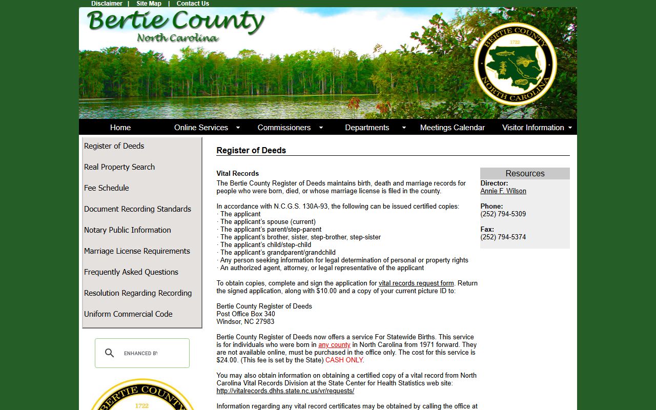 Bertie County Register of Deeds vital records information page for death records