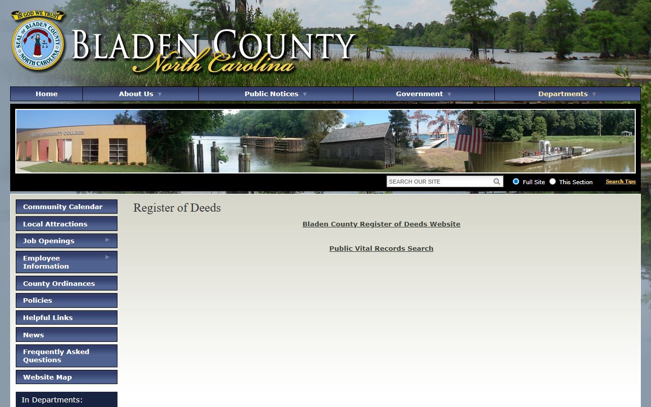Bladen County Register of Deeds main page for death records