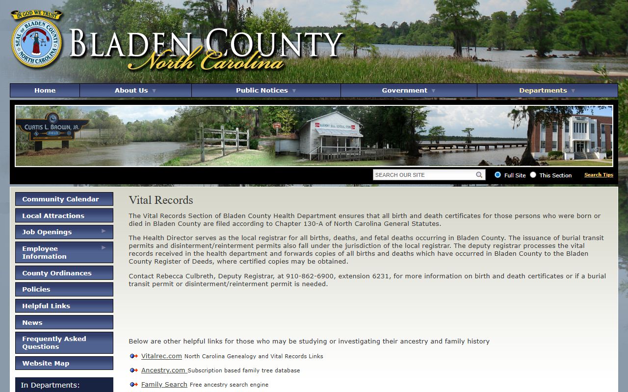 Bladen County Health Department vital records page for death certificates