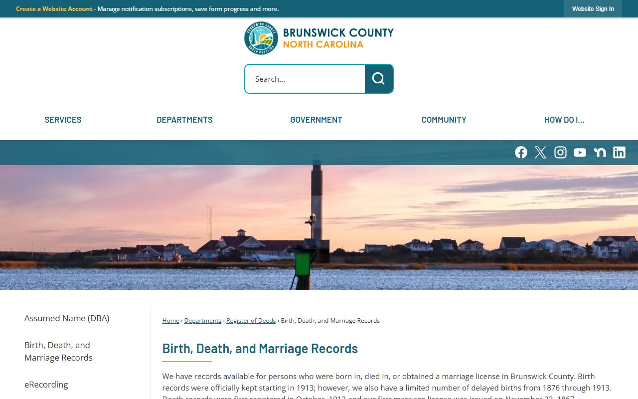Brunswick County Register of Deeds birth death and marriage records page