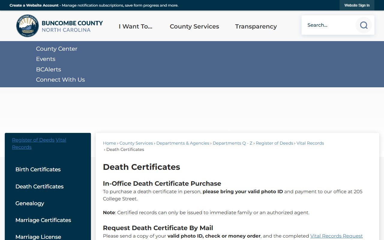 Buncombe County Register of Deeds death certificates information page