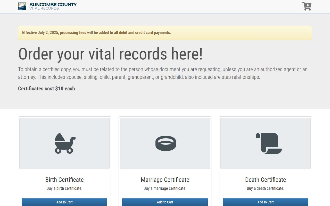 Buncombe County online vital records portal for ordering death certificates