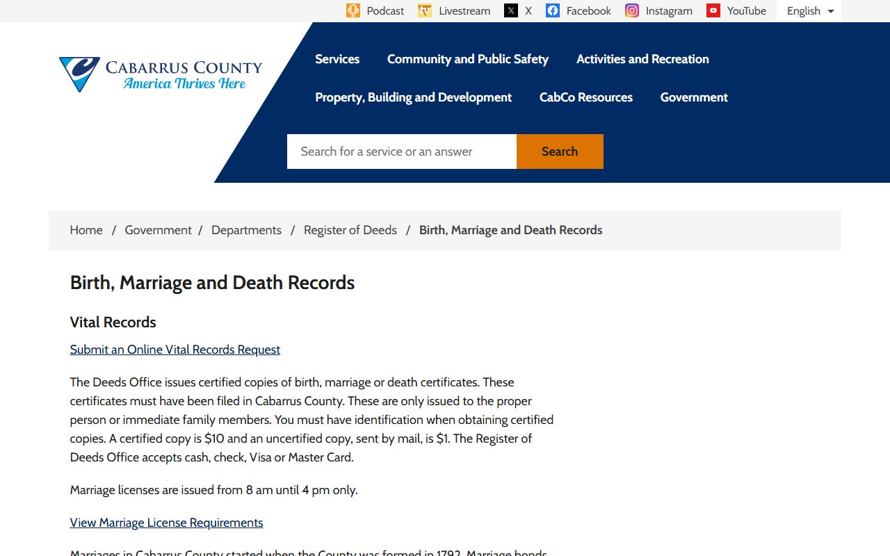 Cabarrus County Register of Deeds vital records page for Concord death records