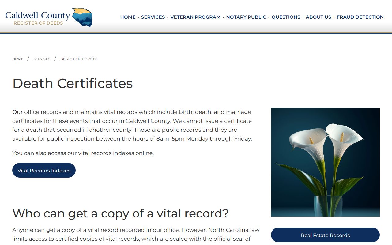 Caldwell County Register of Deeds death certificates information page