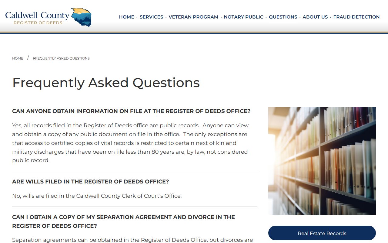 Caldwell County Register of Deeds FAQ page for death records