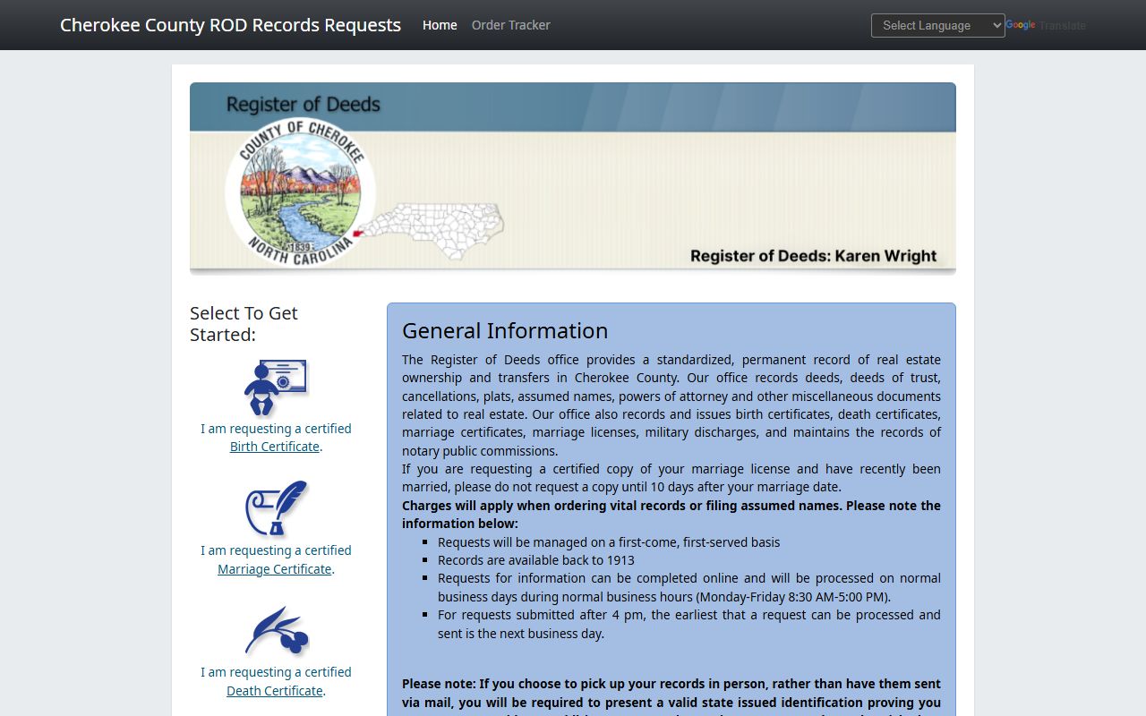 Cherokee County Register of Deeds online vital records portal for death records
