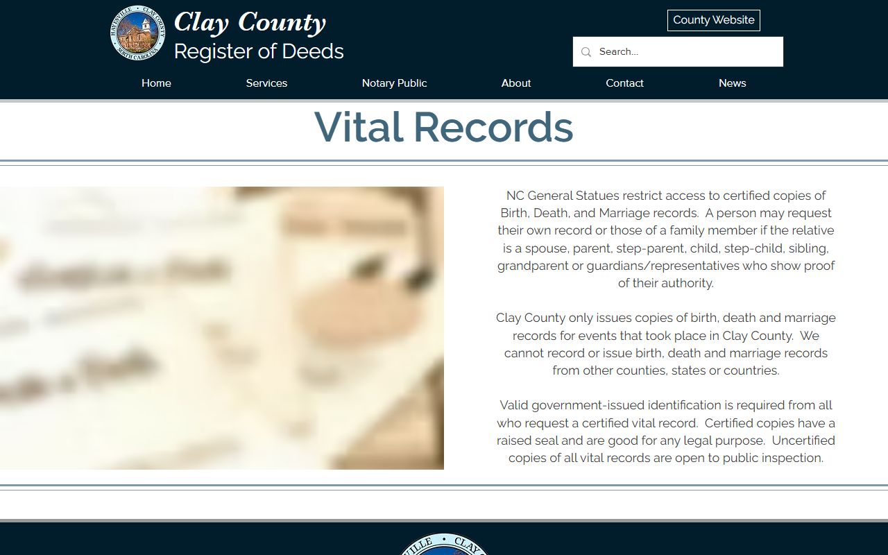 Clay County Register of Deeds vital records information page