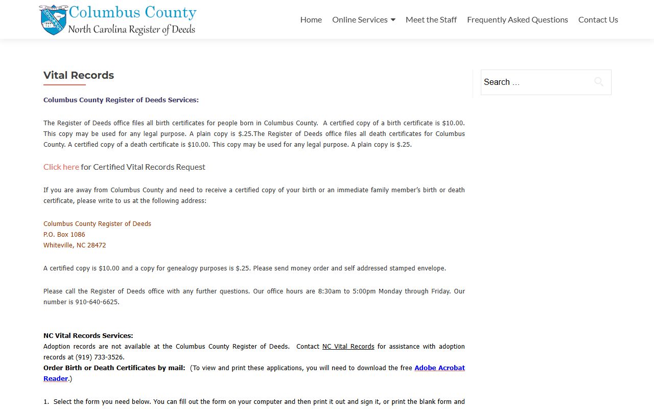 Columbus County Register of Deeds vital records information page