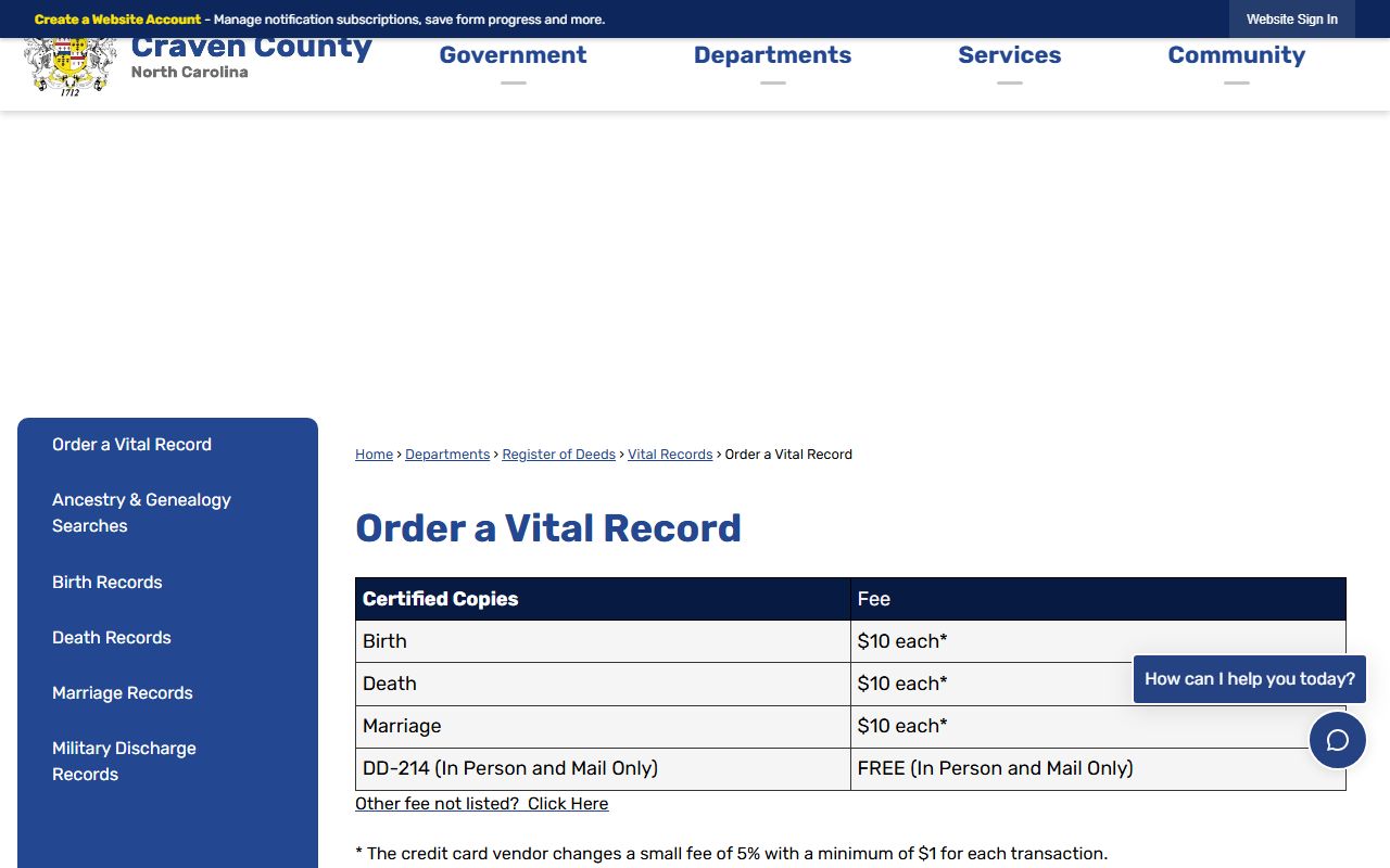 Craven County order a vital record page for death certificates