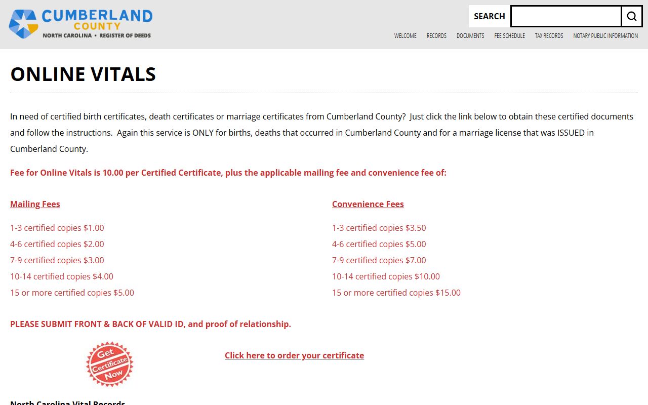 Cumberland County online vital records ordering page for death certificates