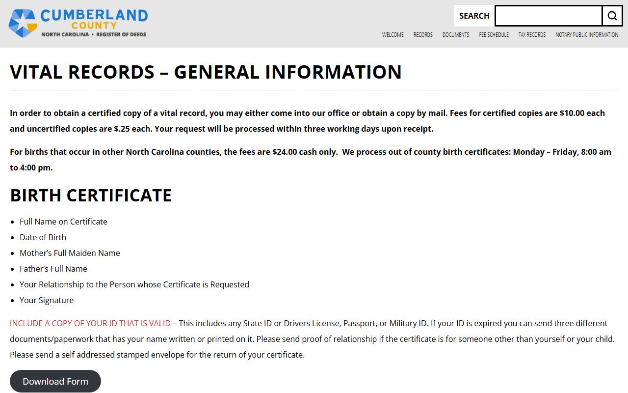 Cumberland County vital records general information page