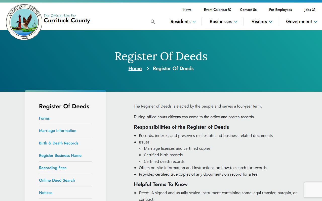 Currituck County Register of Deeds main page for death records