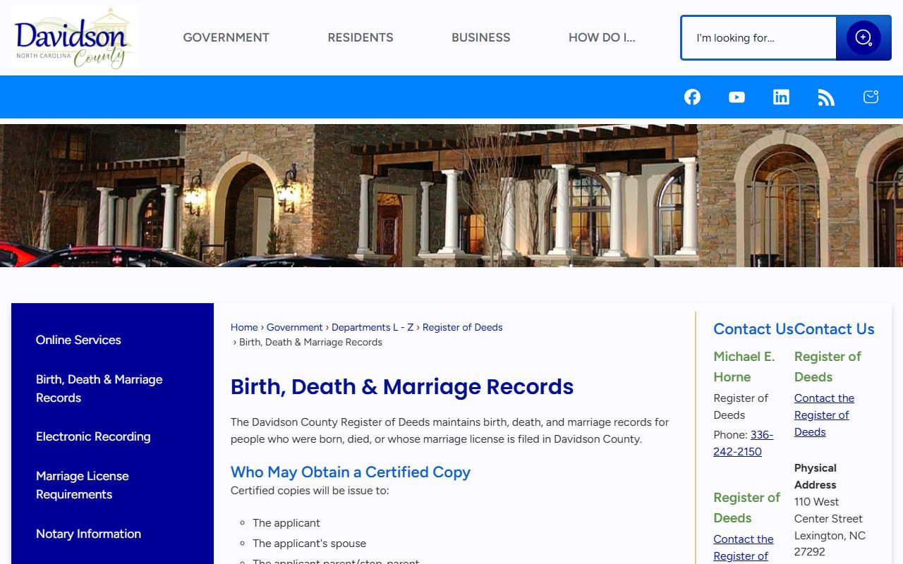 Davidson County Register of Deeds birth death and marriage records page