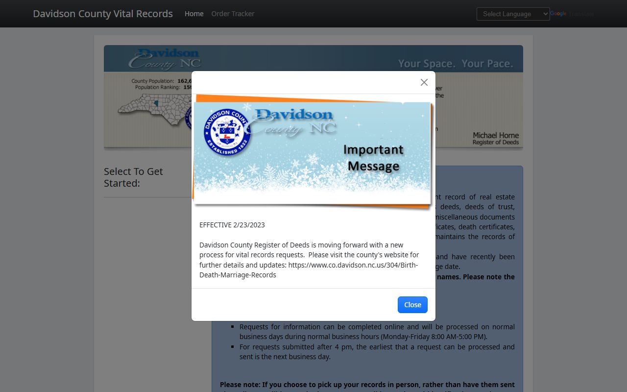 Davidson County online vital records portal for death certificate orders