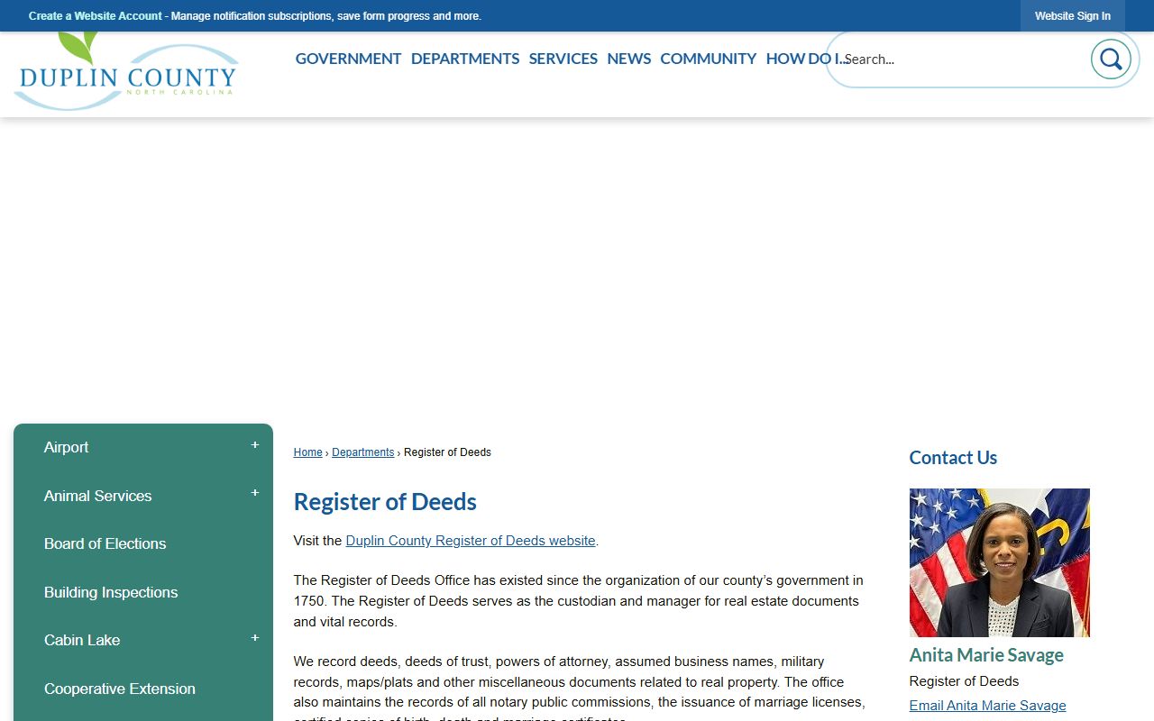 Duplin County Register of Deeds main page for death records