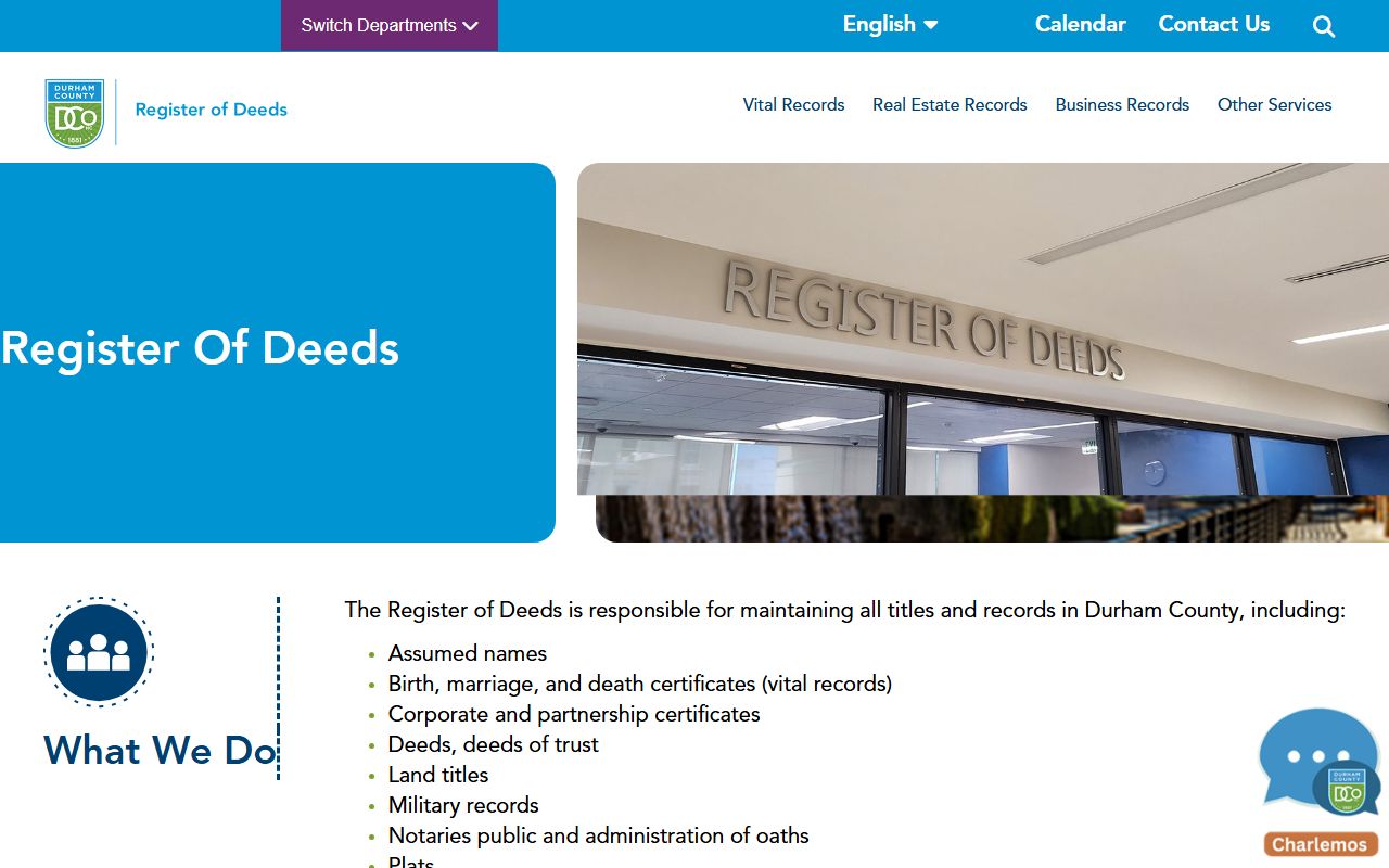 Durham County Register of Deeds main page for death records
