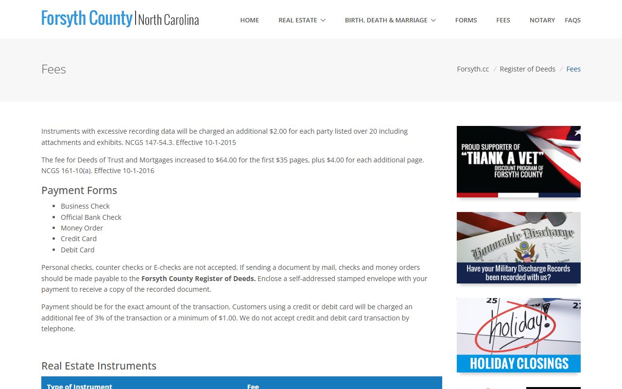 Forsyth County Register of Deeds fee schedule for death records