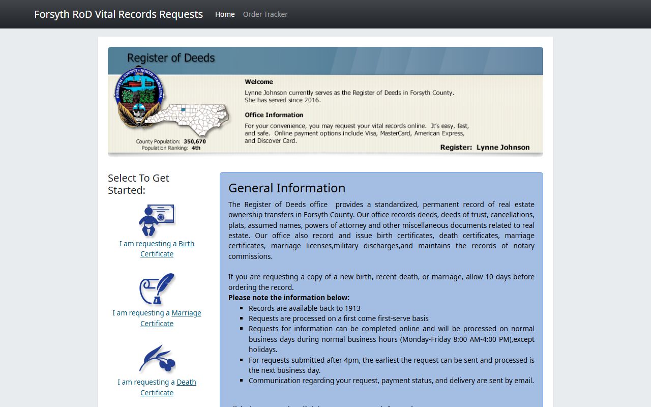 Forsyth County online vital records request page for death records