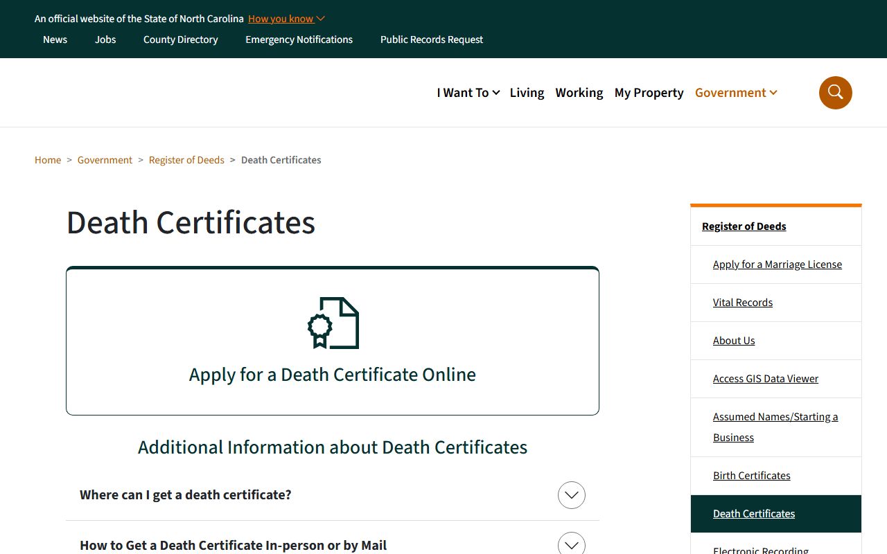 Guilford County Register of Deeds death certificates page