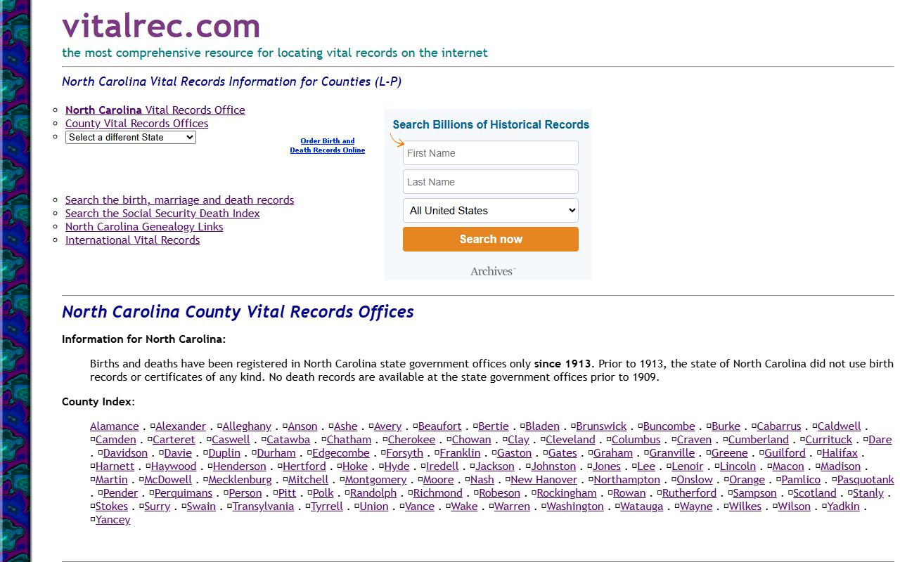 Lee County vital records directory page for death records