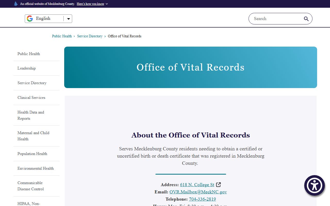 Mecklenburg County Office of Vital Records page for death certificates
