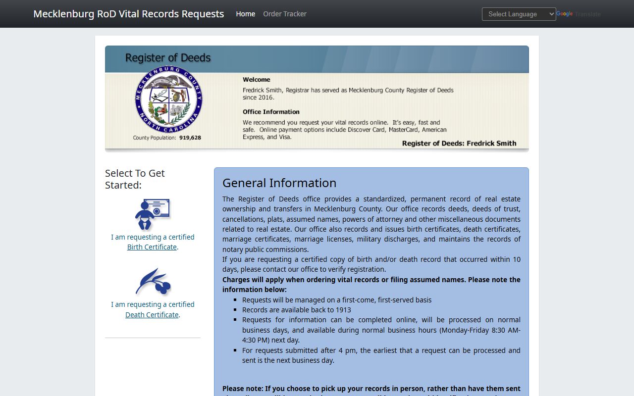 Mecklenburg County online vital records request portal for death records