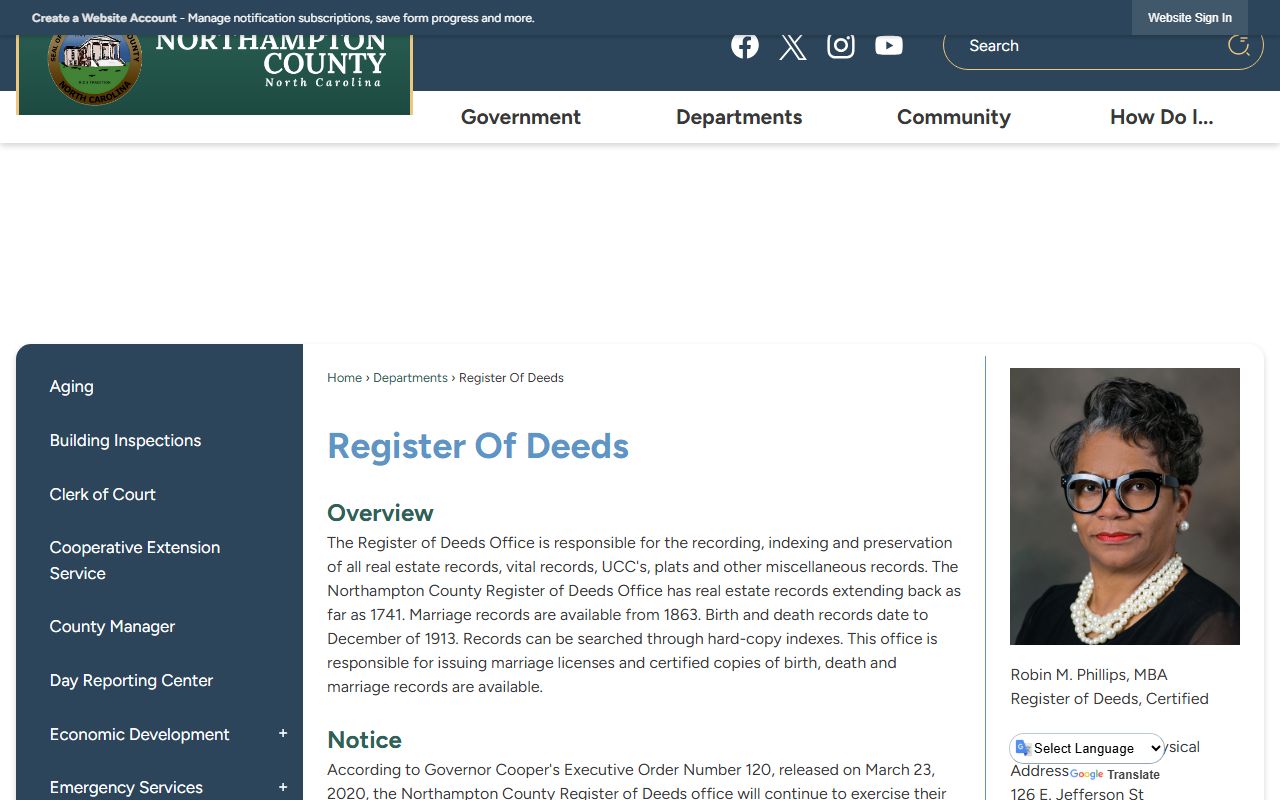 Northampton County Register of Deeds page for death records