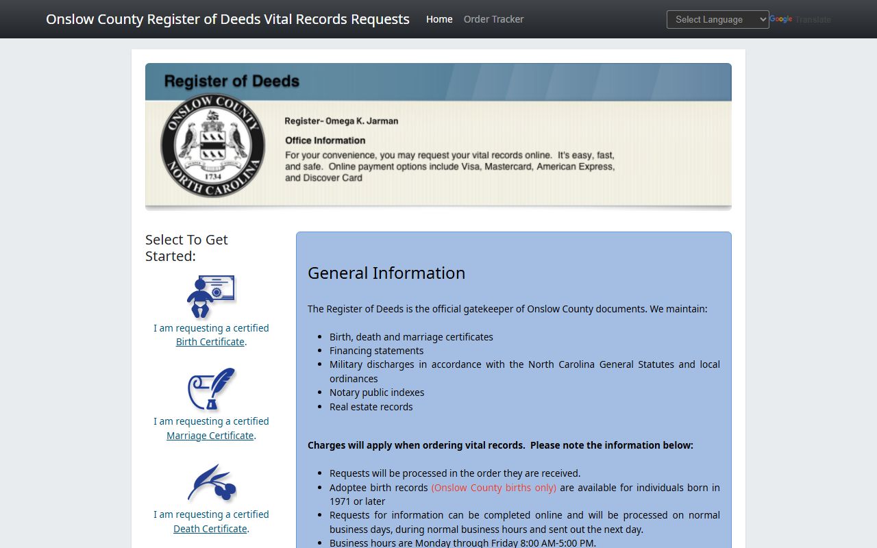 Onslow County Register of Deeds online ordering page for death records