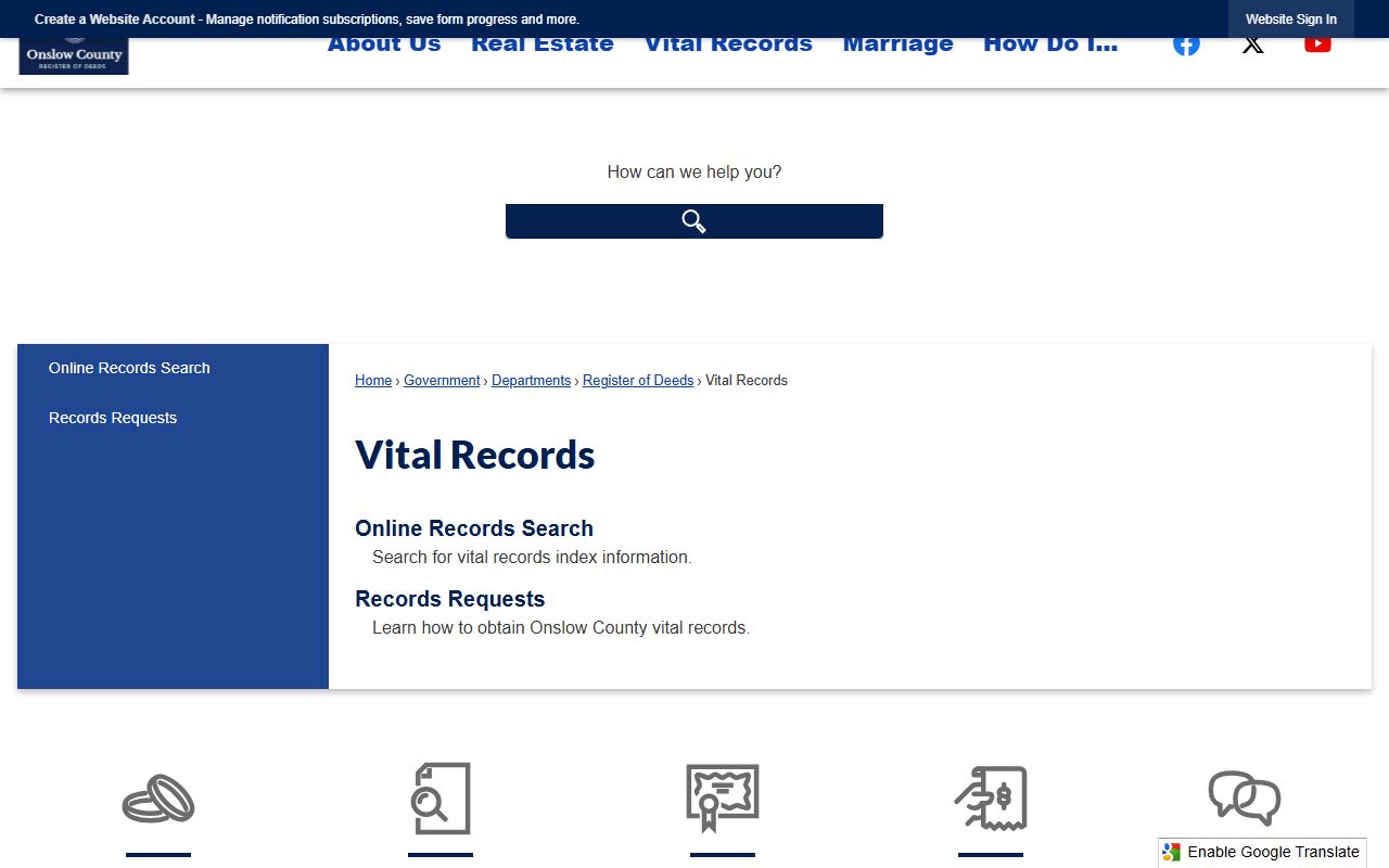 Onslow County Register of Deeds vital records page for death records