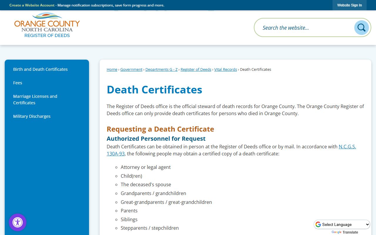 Orange County Register of Deeds page for death records