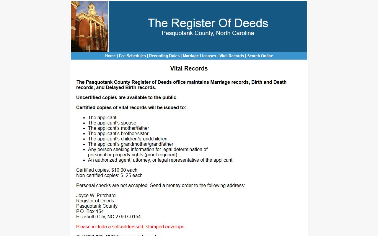 Pasquotank County vital records information page for death records