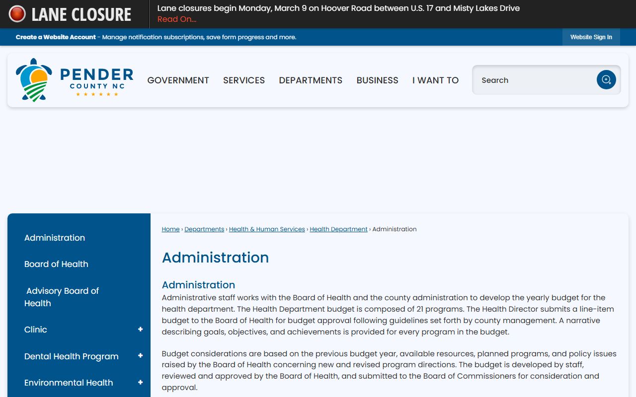 Pender County administration and vital records information page