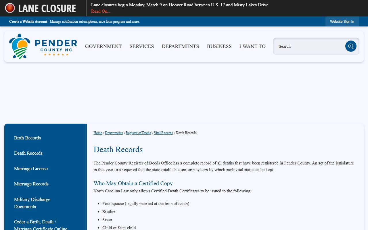 Pender County Register of Deeds death records page