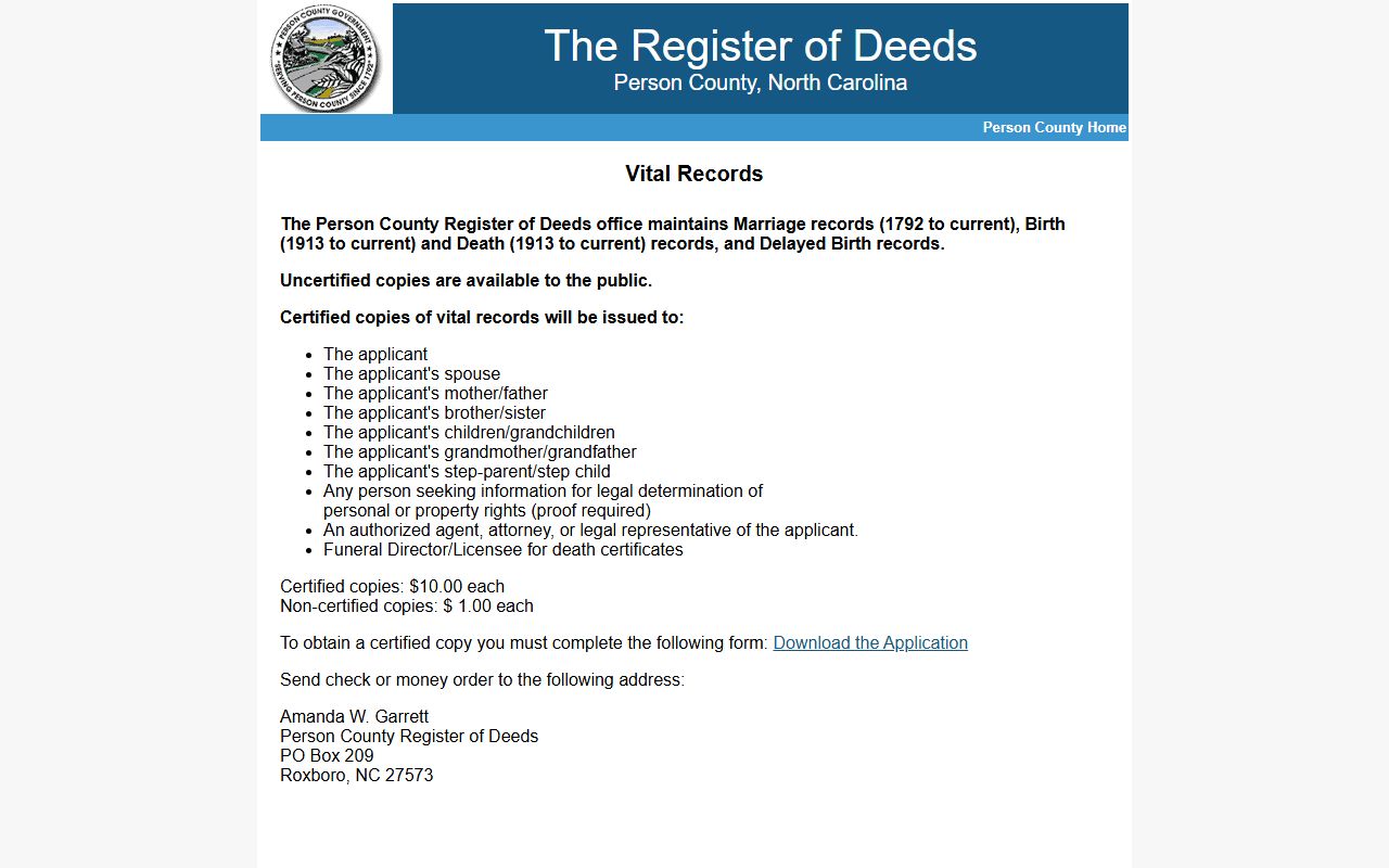 Person County Register of Deeds vital records information page for death records