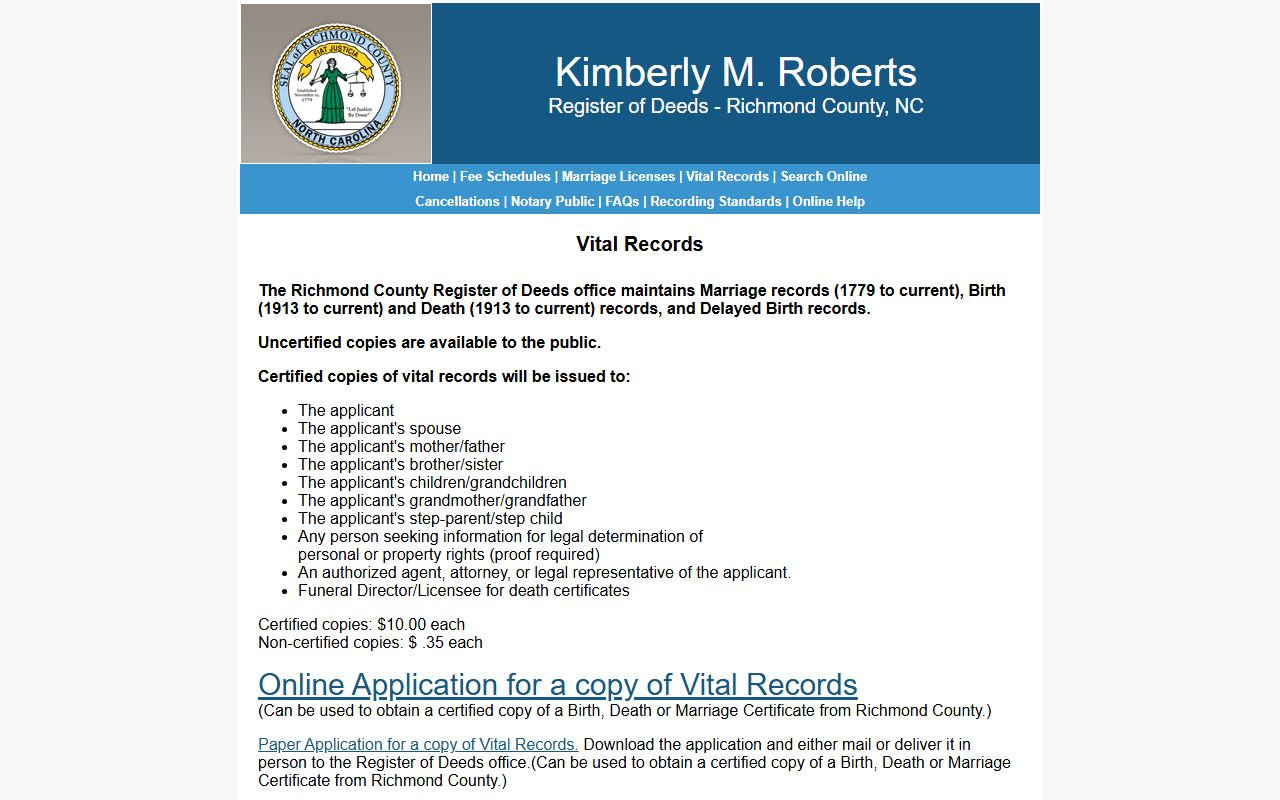 Richmond County vital records information page for death certificate requests