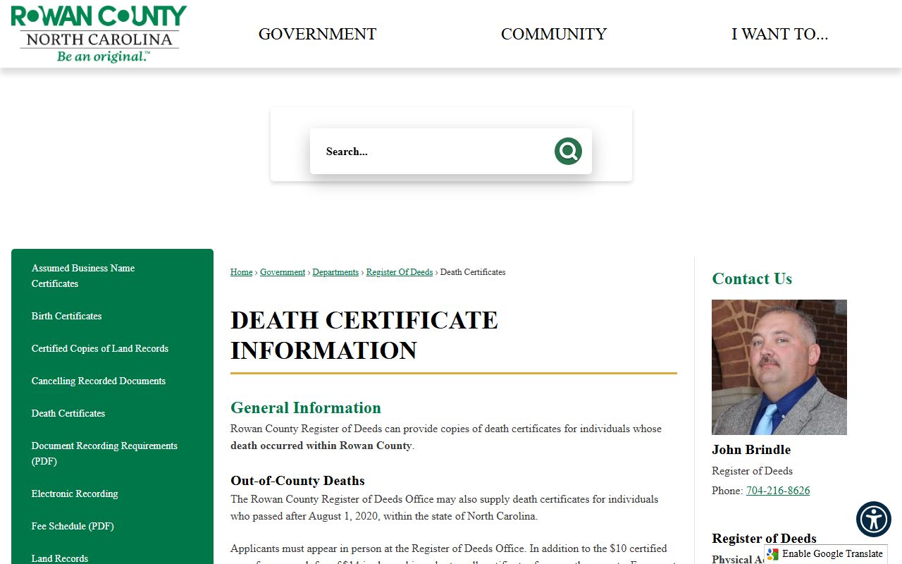 Rowan County death certificates information page from the Register of Deeds
