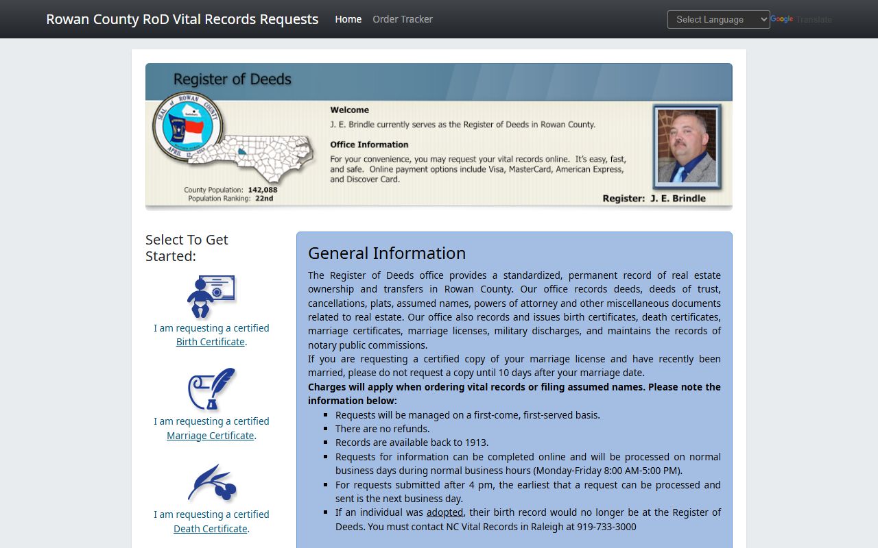 Rowan County online vital records request portal for death certificates