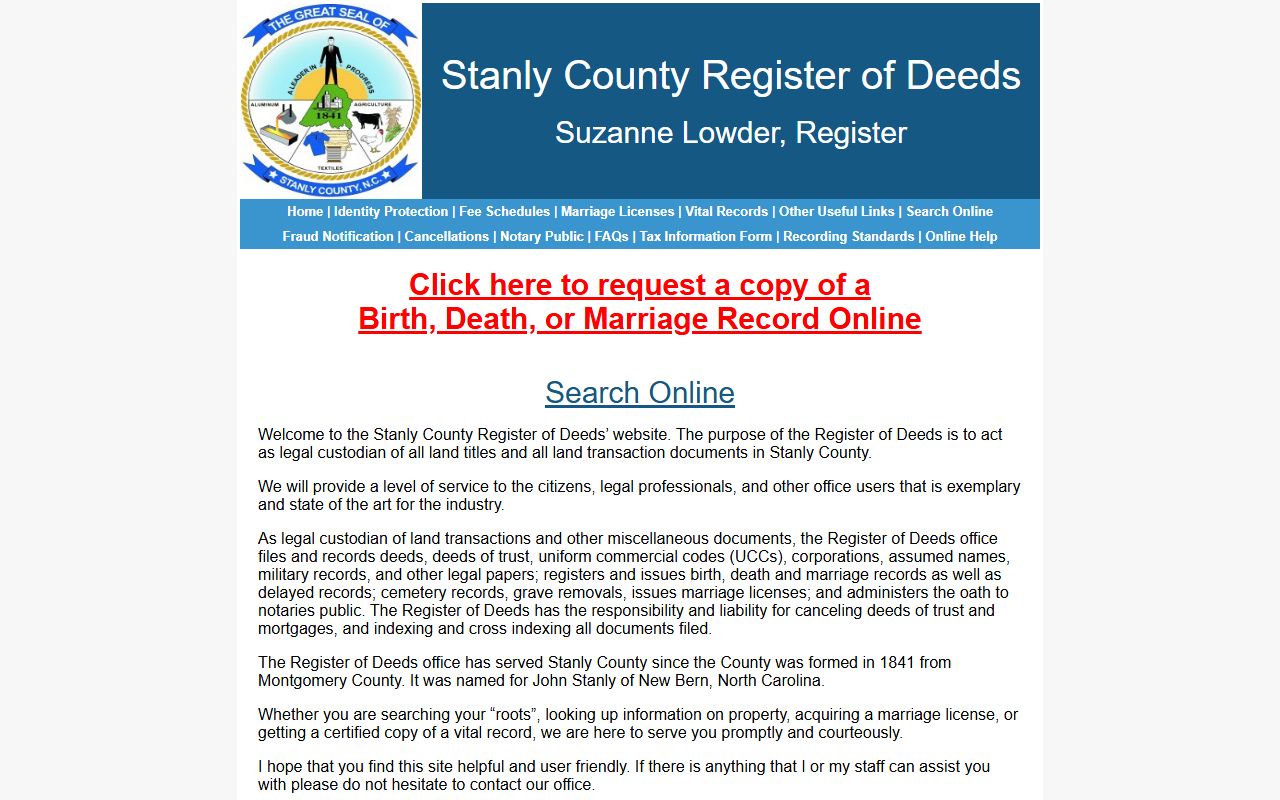 Stanly County Register of Deeds office page for death records