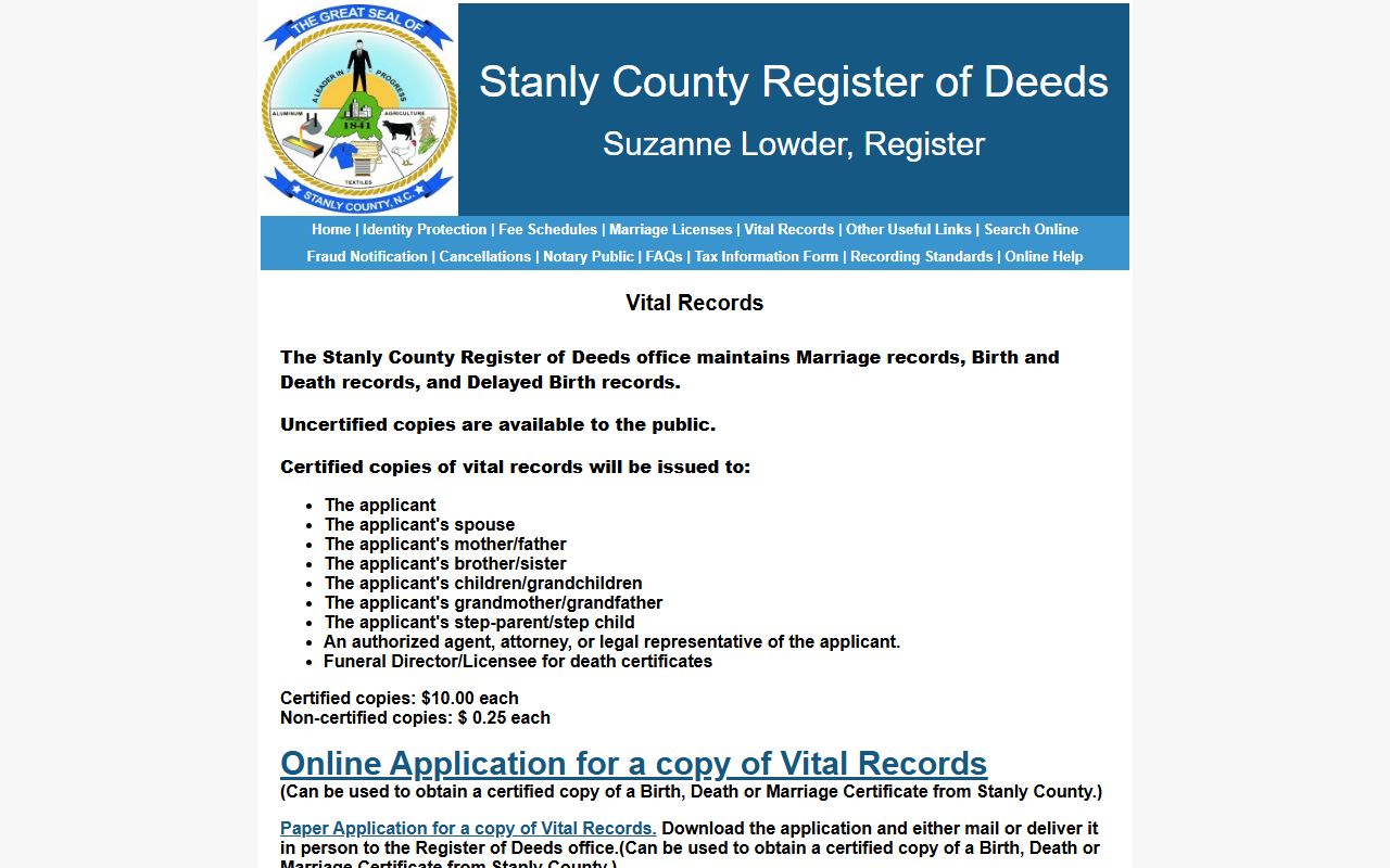 Stanly County vital records information page for death certificate requests