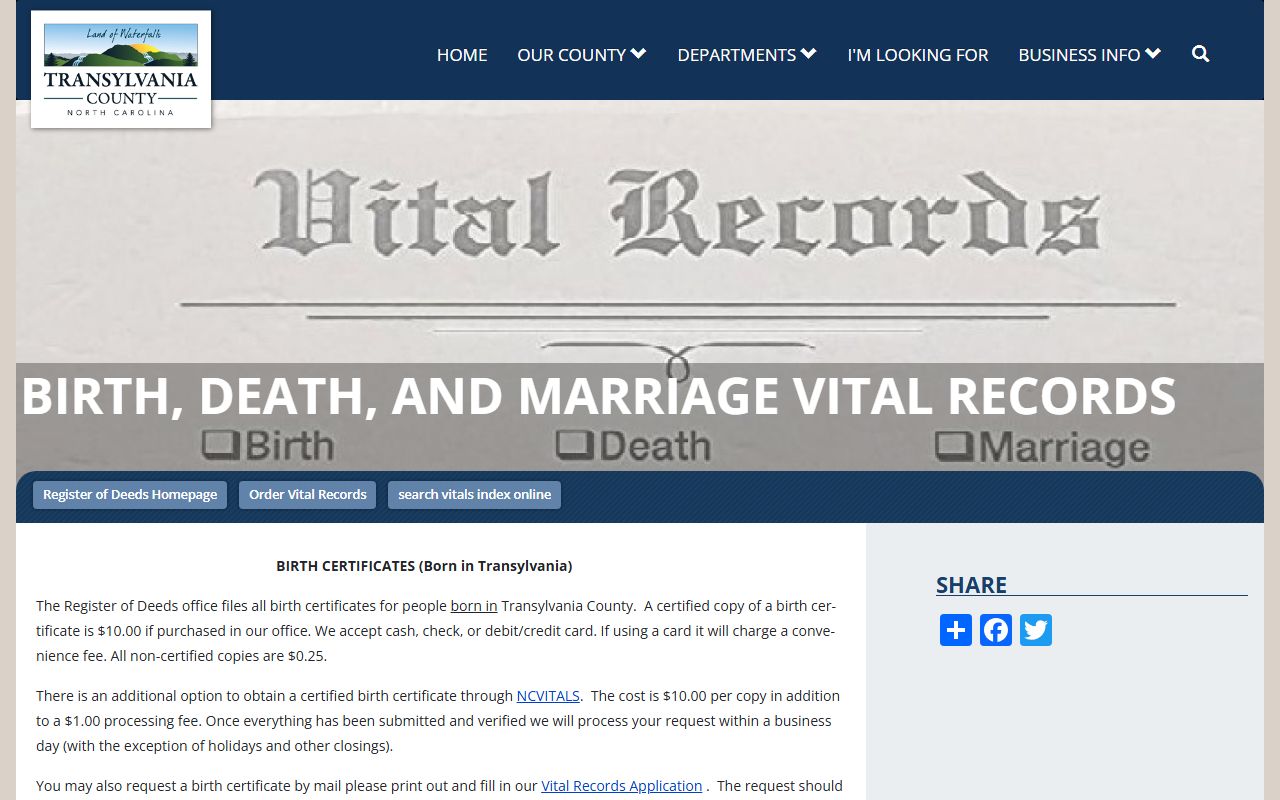 Transylvania County vital records page for ordering death certificates