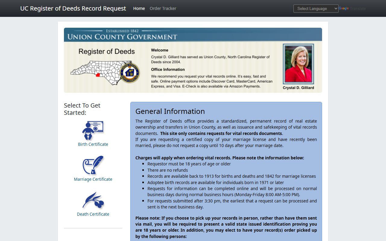 Union County online vital records request portal for death certificates