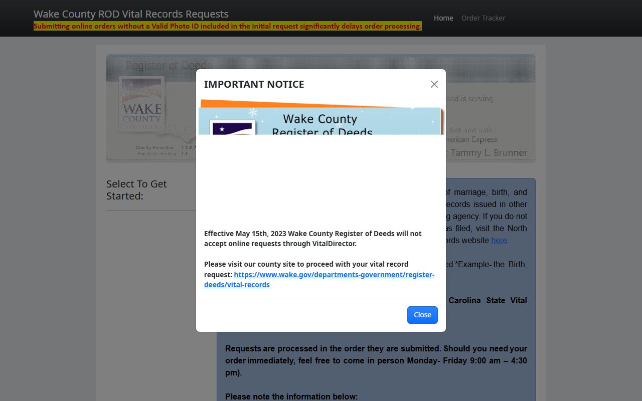 Wake County online vital records request portal for death certificates