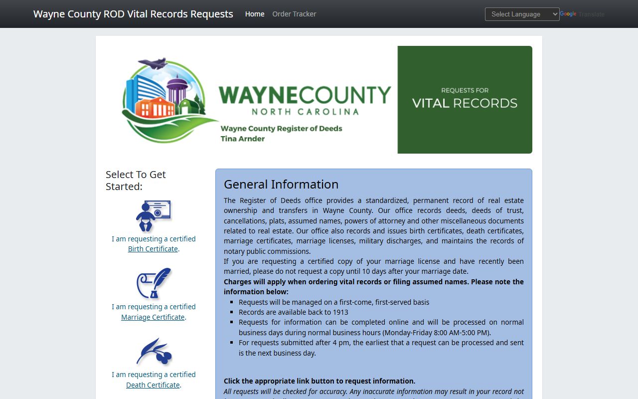 Wayne County online vital records request portal for death certificates