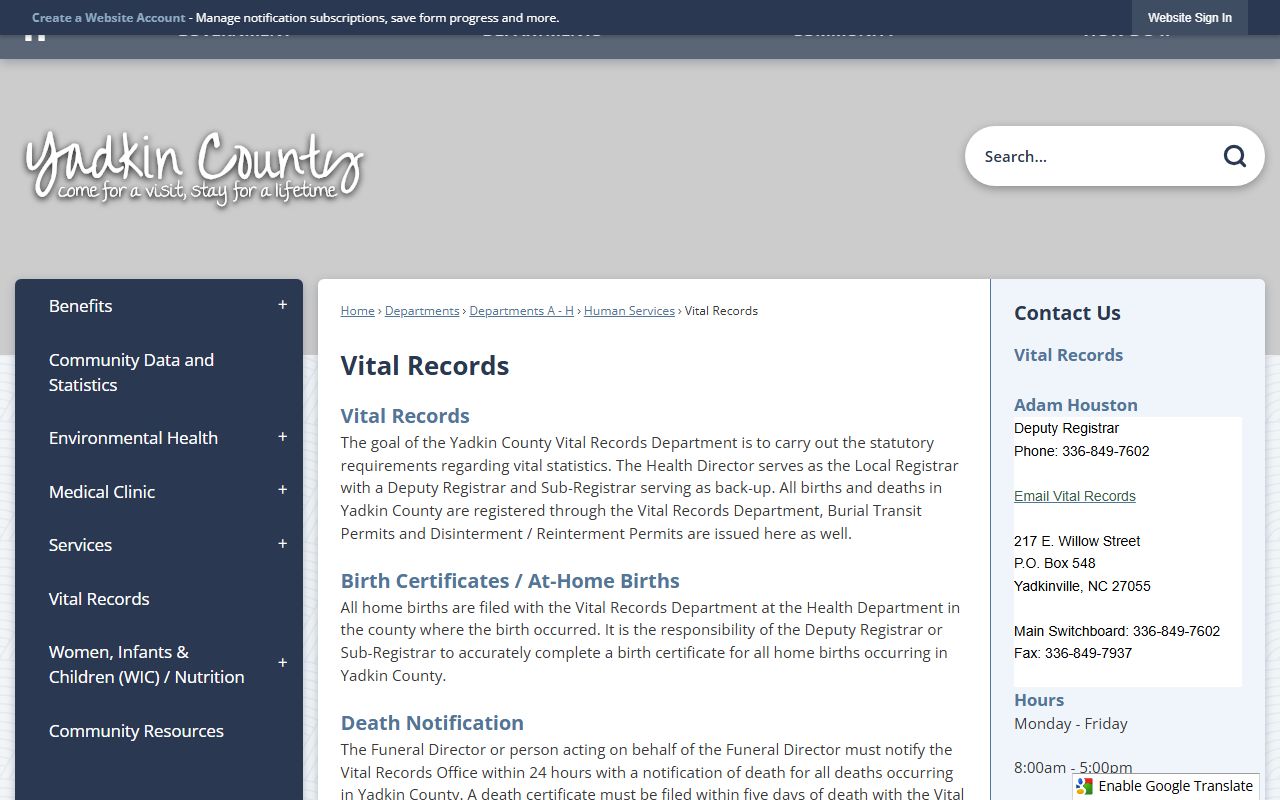 Yadkin County public health vital records page for death certificate requests